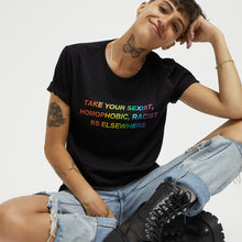 Load image into Gallery viewer, Take Your BS Elsewhere Rainbow LGBTQ+ Pride Feminist T-Shirt